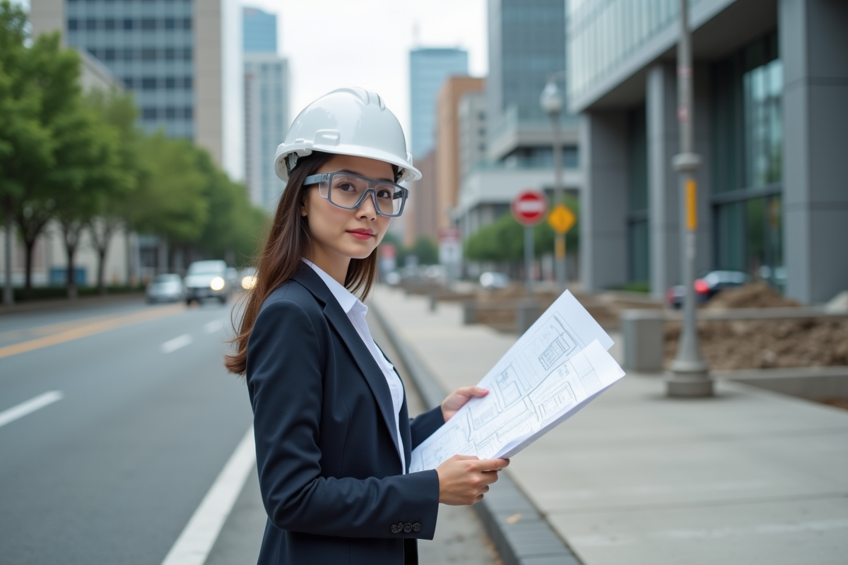 Jeune ingénieure en urbanisme avec plans sur site