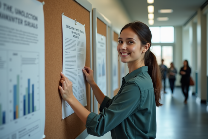 Jeune femme pinçant une affiche académique dans un couloir universitaire