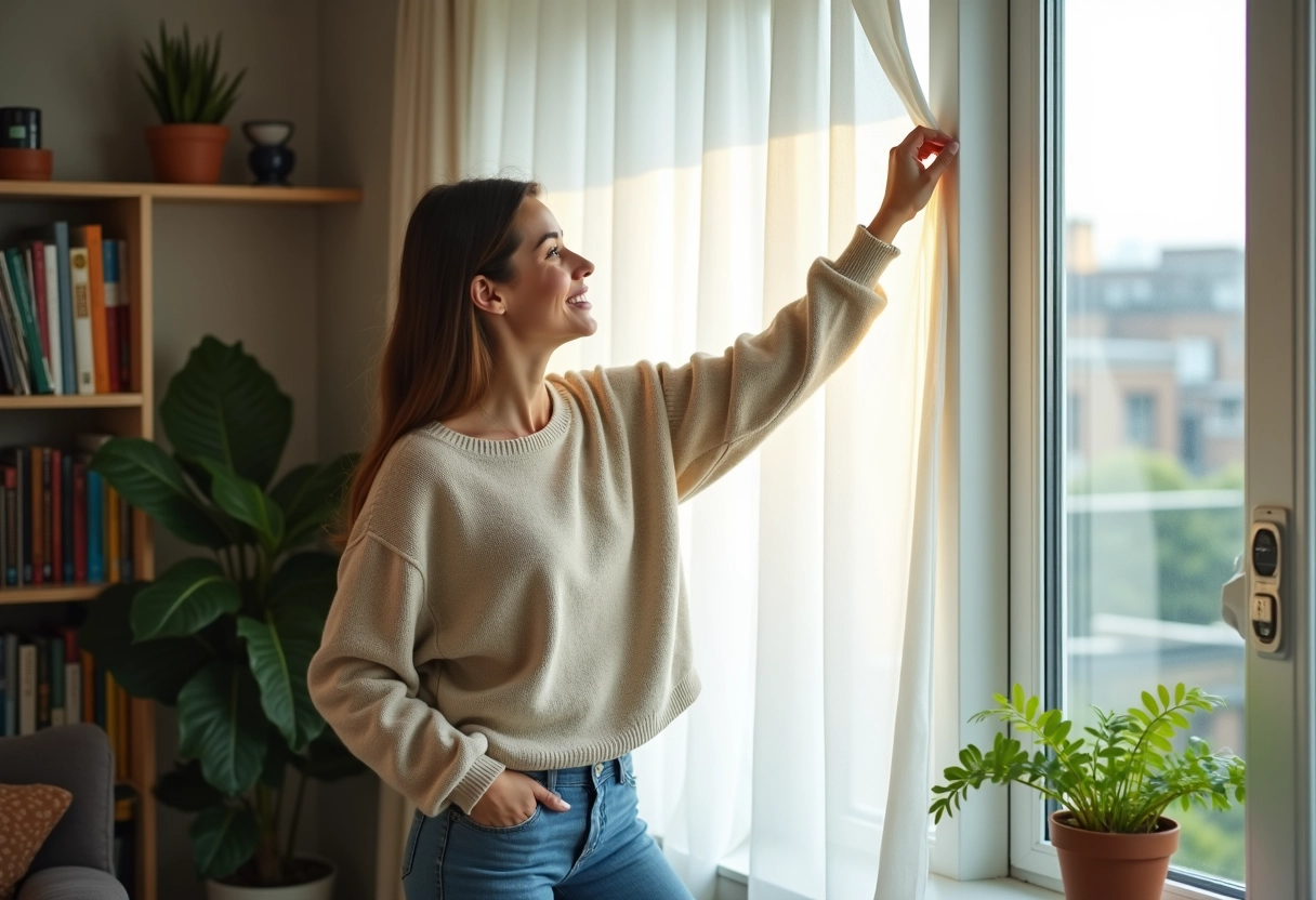 Jeune femme ajustant des rideaux dans un salon lumineux