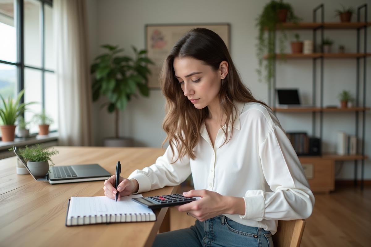 Jeune femme calculant le loyer dans un appartement lumineux