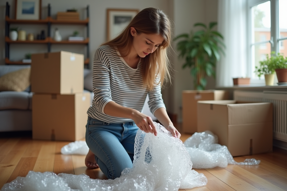 Jeune femme emballant du verre avec du papier bulle dans un appartement