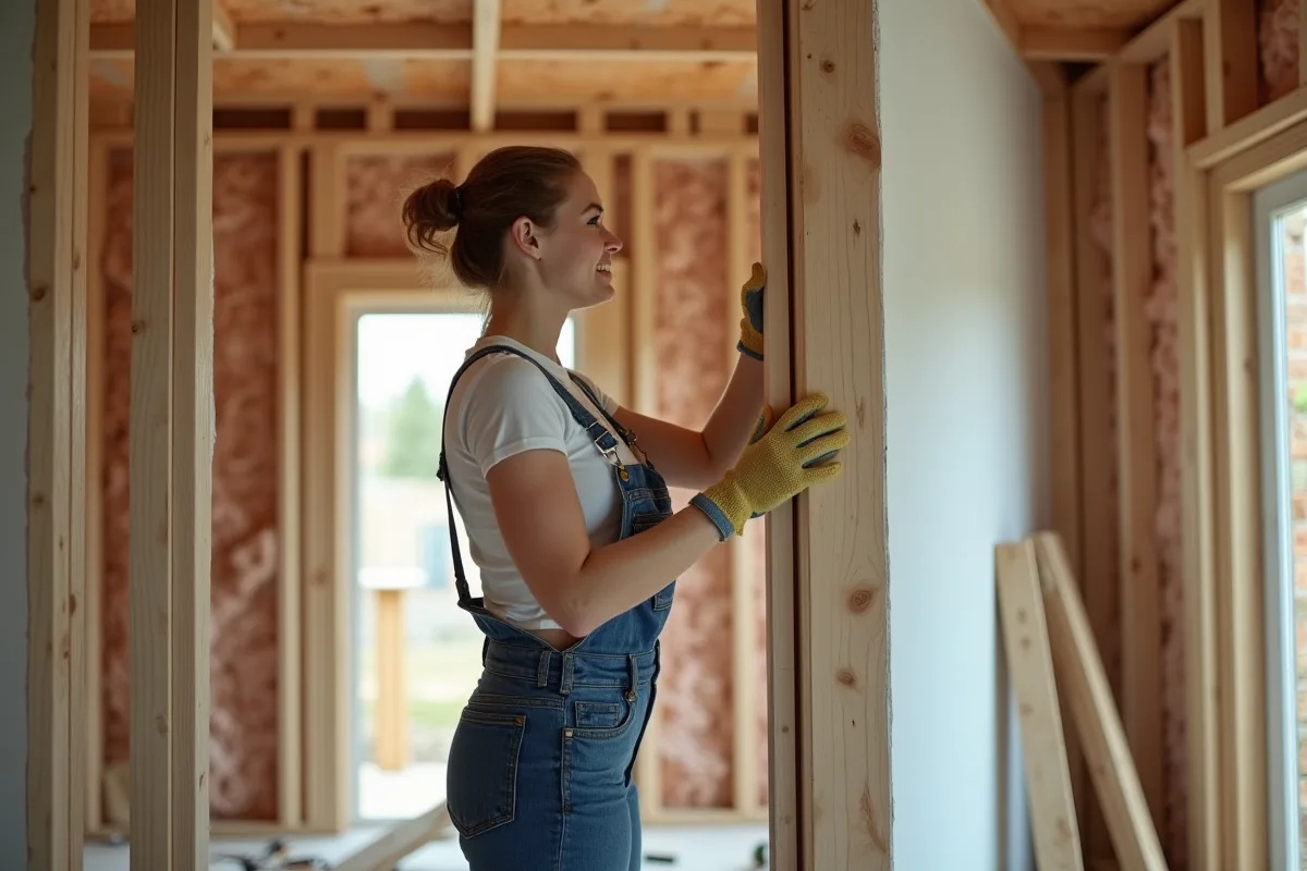 Jeune femme en travaux posant de la cloison sèche dans une pièce
