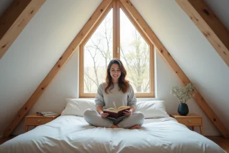 Jeune femme lisant dans une chambre attic lumineuse