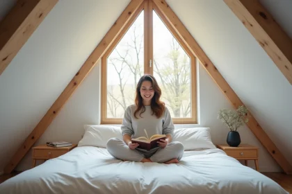 Jeune femme lisant dans une chambre attic lumineuse