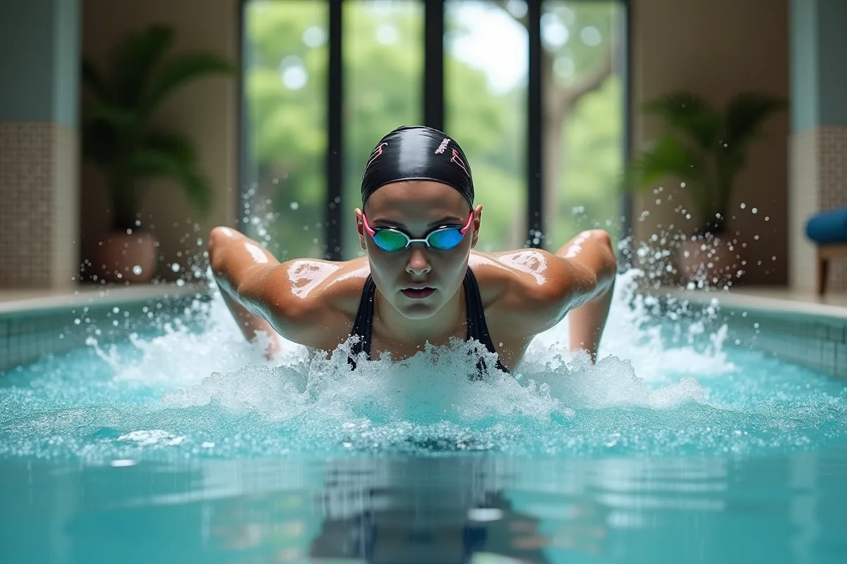 Jeune femme nageant dans une piscine privée avec éclaboussures