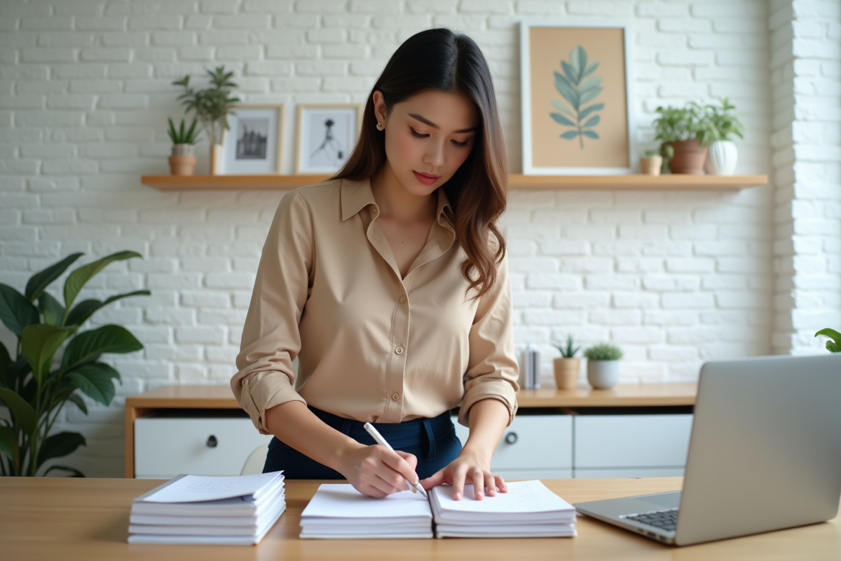 Jeune femme organisée dans un bureau moderne et calme