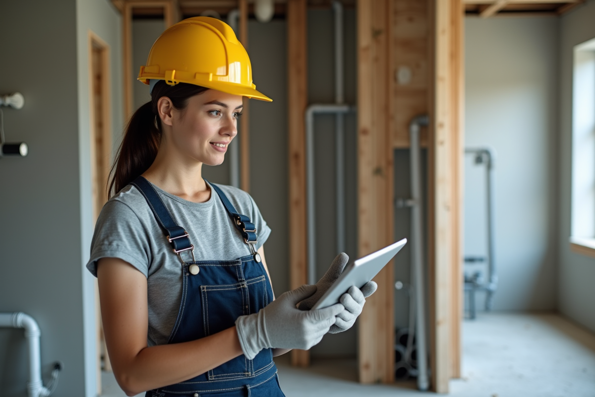 Jeune femme plombier consulte diagrammes sur tablette construction