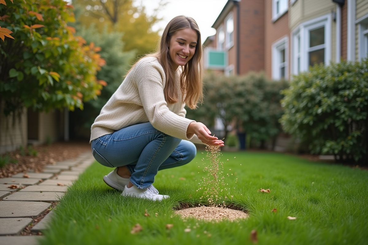 Jeune femme en jeans semant des graines sur la pelouse