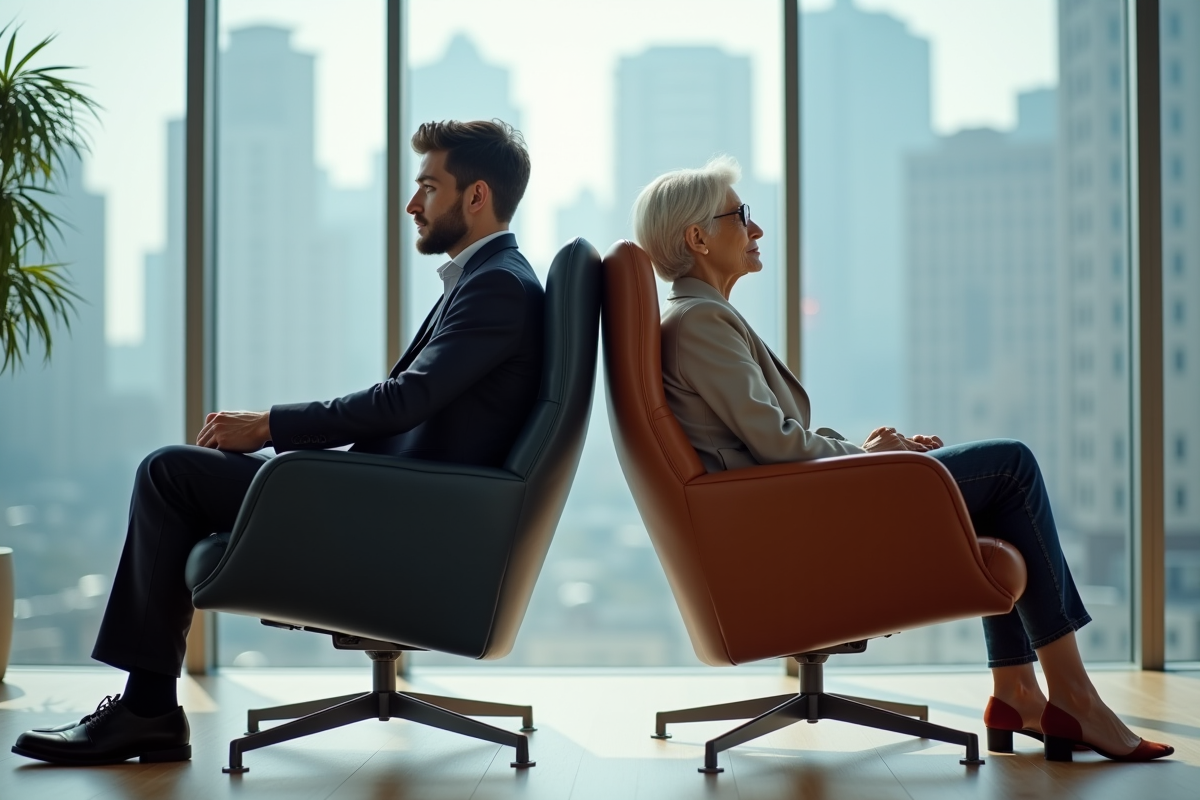 Un jeune homme et une femme âgée dans un bureau moderne