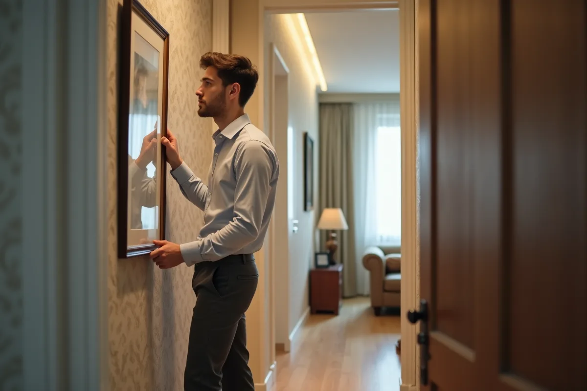 Jeune homme ajustant un cadre dans un couloir d