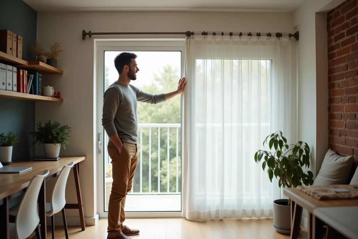 Jeune homme ouvrant des stores dans un bureau moderne
