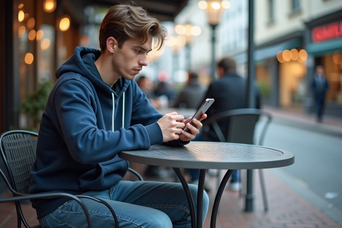 Jeune homme avec smartphone sur une terrasse de café en ville
