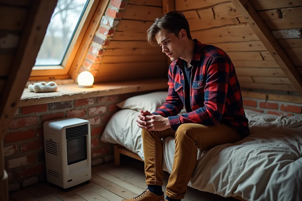 Jeune homme vérifiant un petit chauffage électrique dans une chambre