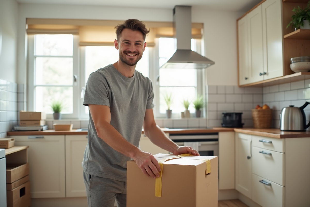 Jeune homme scellant une boîte de déménagement dans la cuisine