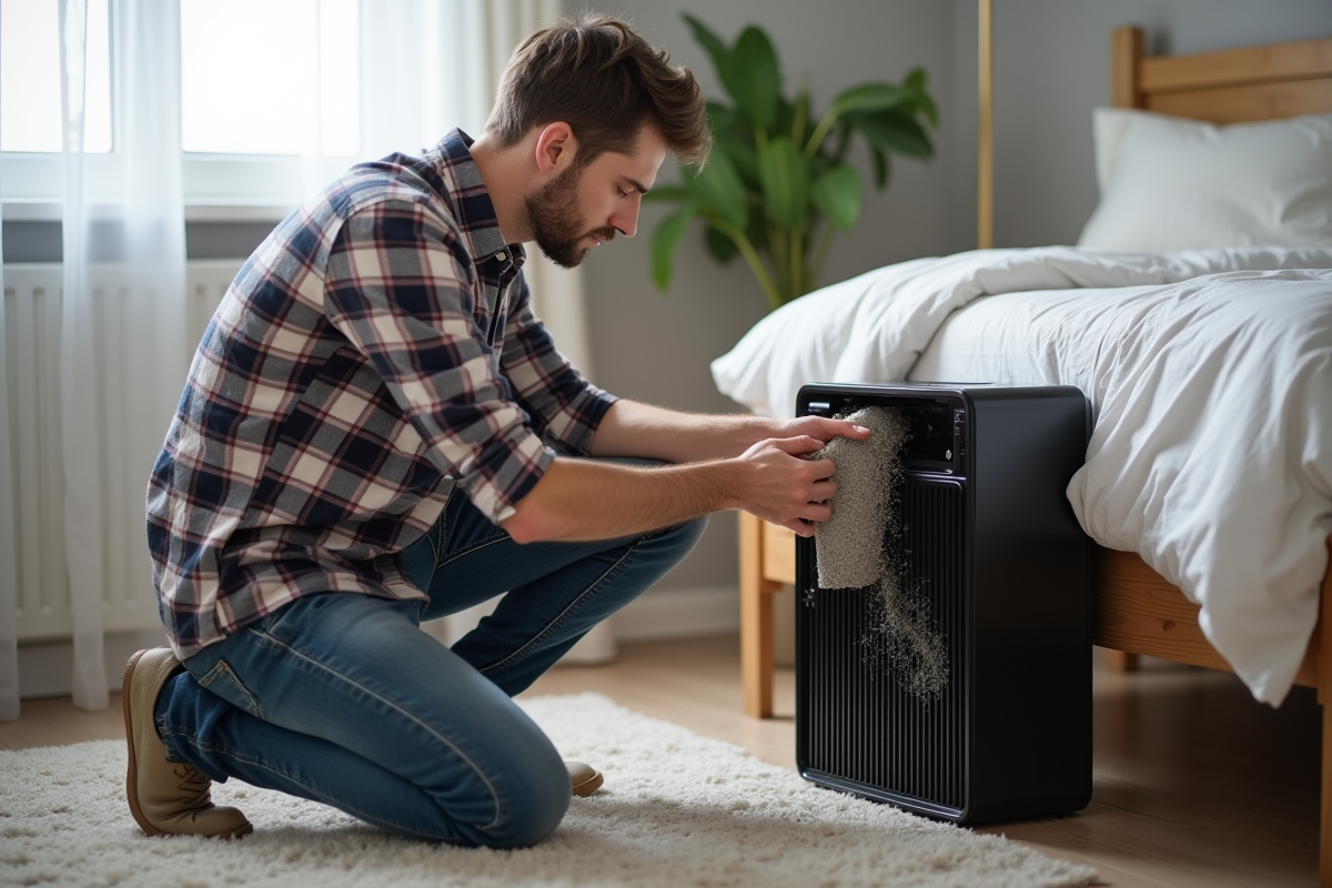 Jeune homme inspectant un filtre poussiéreux d