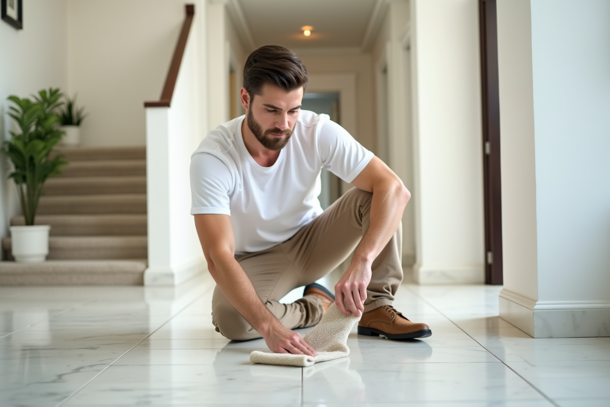 Jeune homme nettoyant une plinthe dans un hall d