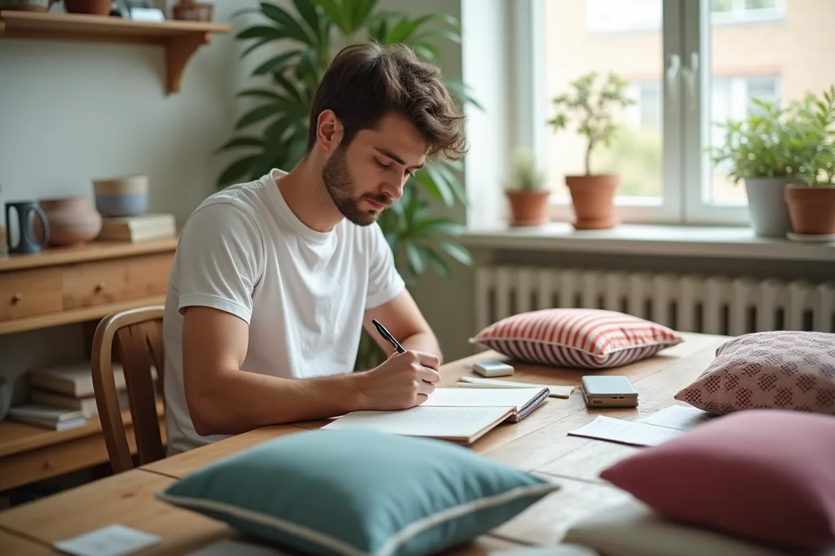 Jeune homme prenant des notes sur un coussin coloré