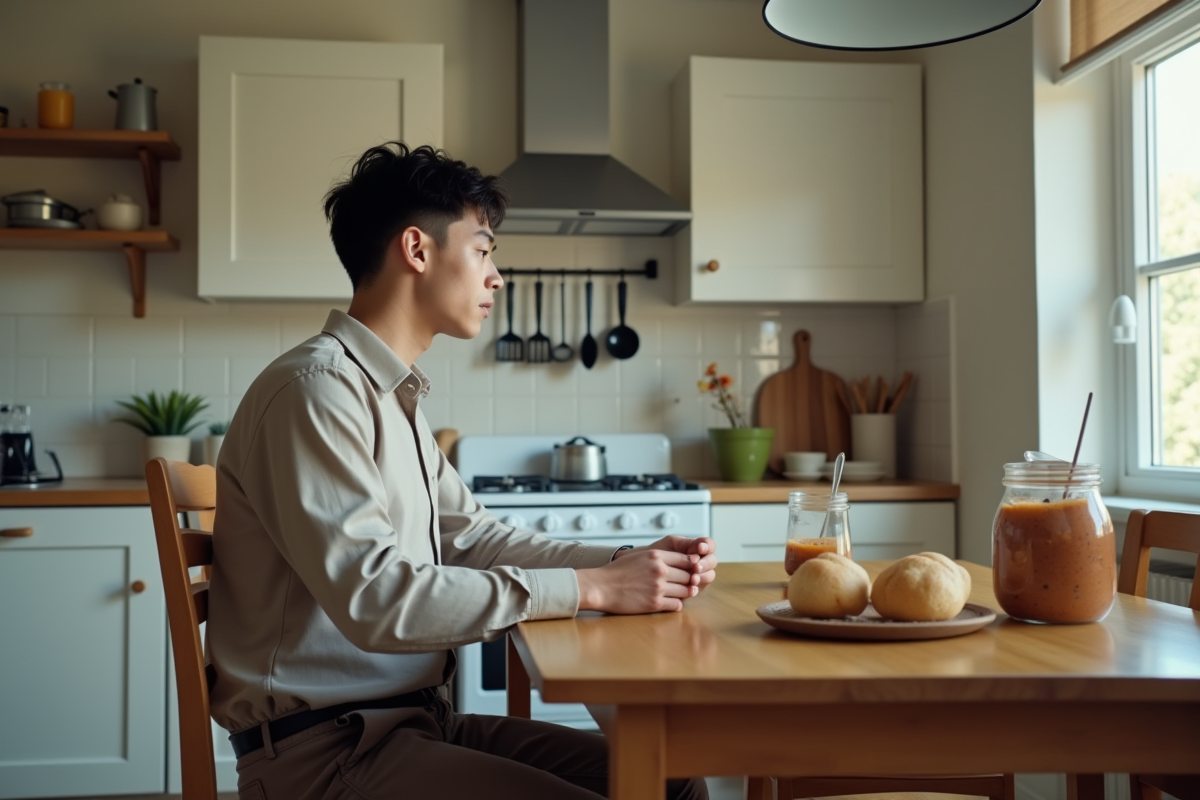 Jeune homme regardant son reflet dans un miroir en cuisine