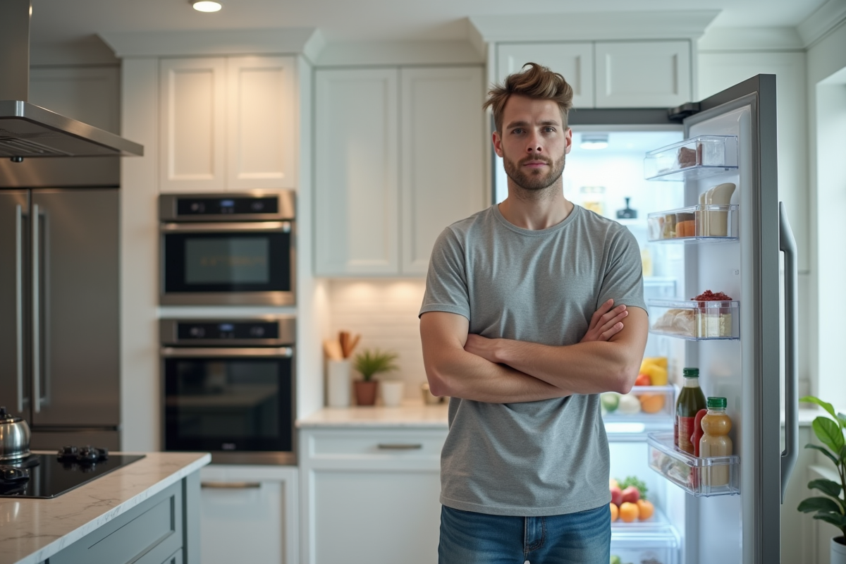 Jeune homme devant un frigo moderne ouvert dans une cuisine élégante