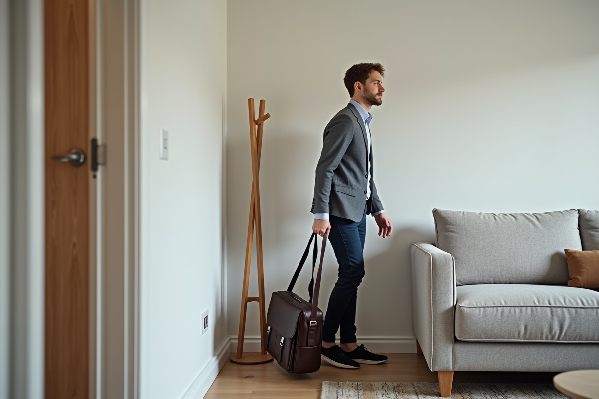 Jeune homme posant son sac dans un salon scandinave moderne