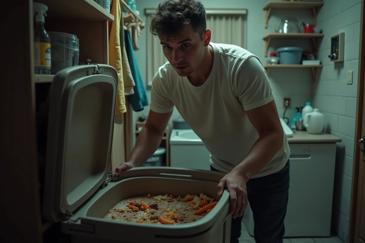 Jeune homme regarde dans un bac &agrave; d&eacute;chets avec des maggots