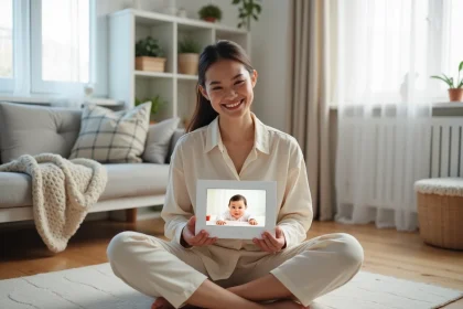 Jeune maman tenant un cadre photo numérique affichant des photos de bébé dans un salon scandinave minimaliste