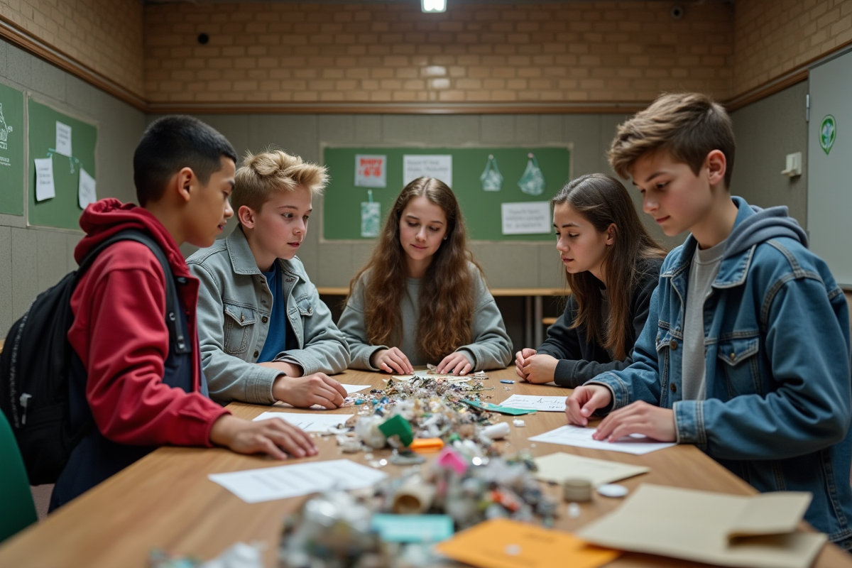 Jeunes triant des déchets dans un centre communautaire