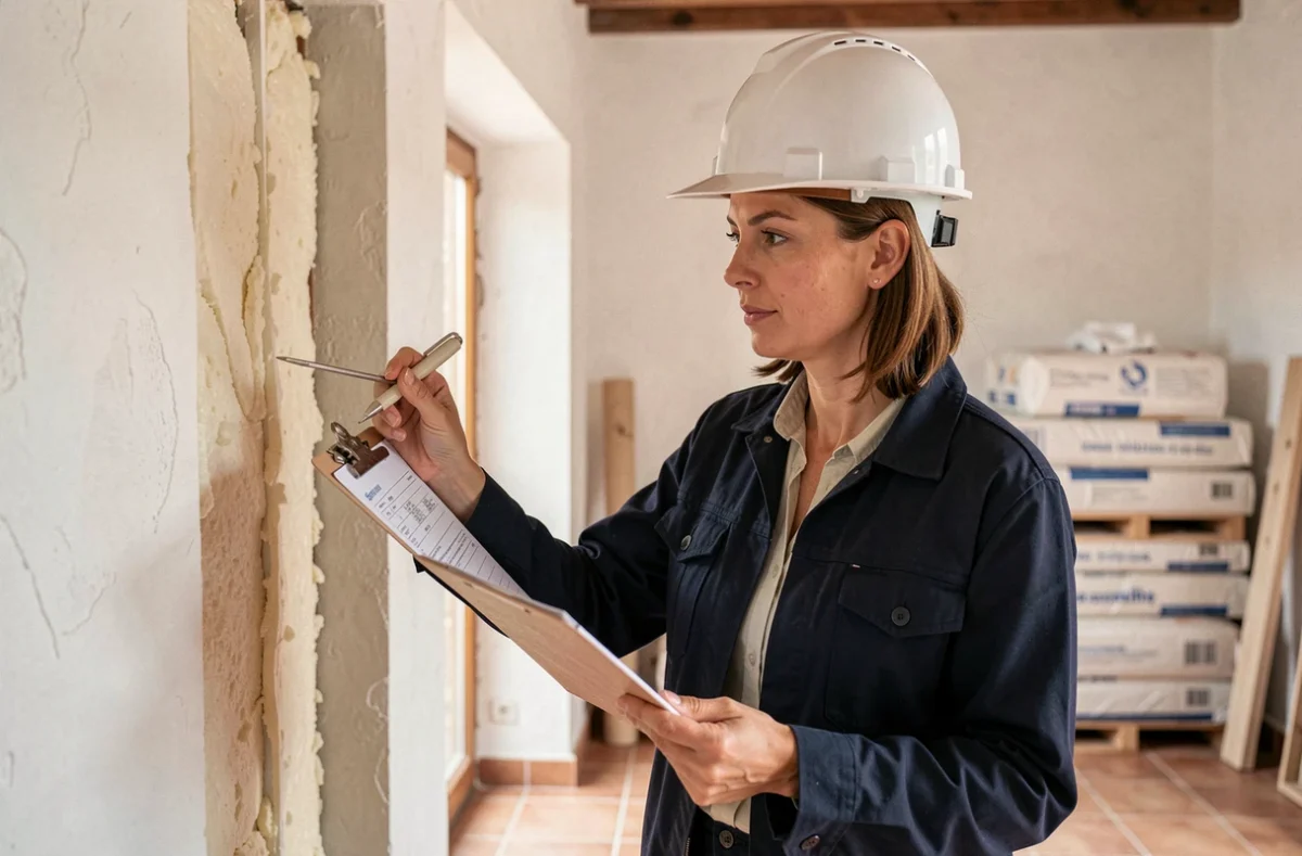 Chef de projet de La Méditerranéenne d'Isolation inspectant l'isolation thermique intérieure d'une villa méditerranéenne dans les Bouches-du-Rhône