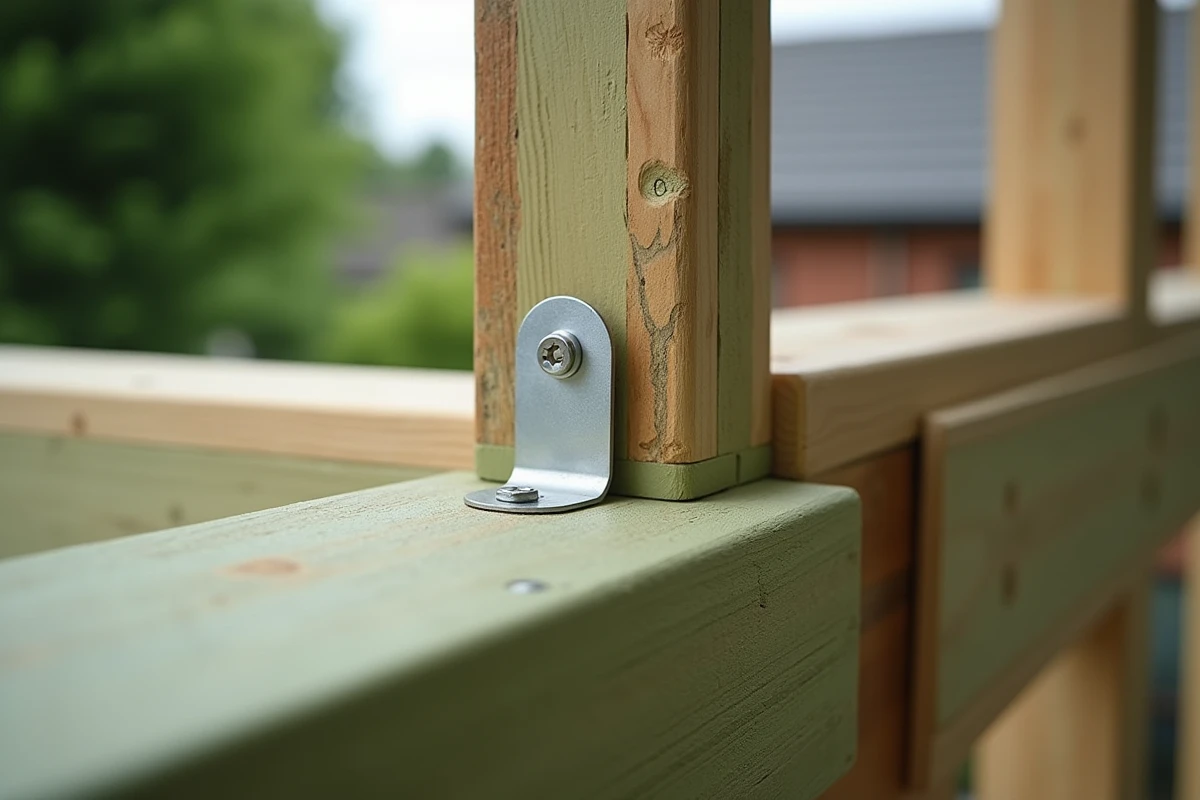 Détail de la jonction entre une lambourde et une solive en bois traité avec un étrier métallique galvanisé sur une terrasse en construction