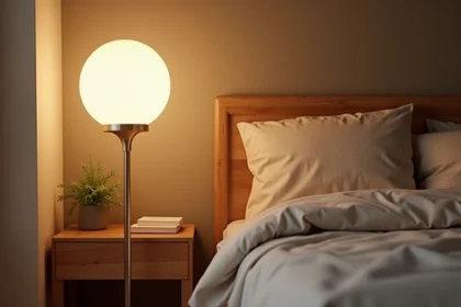 Lampadaire halogène à pied chromé dans un coin de chambre cosy avec table de chevet en bois et literie en lin beige