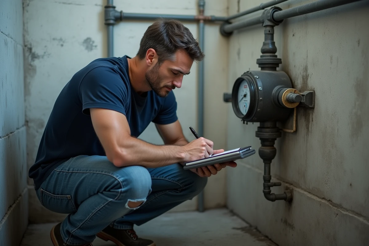 Homme lisant un compteur d'eau pour surveiller sa consommation en m3 par personne