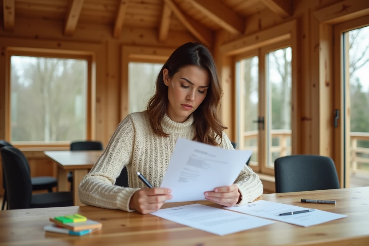 Femme lisant attentivement un contrat de vente à l'intérieur d'un chalet en bois habitable neuf de 80m2