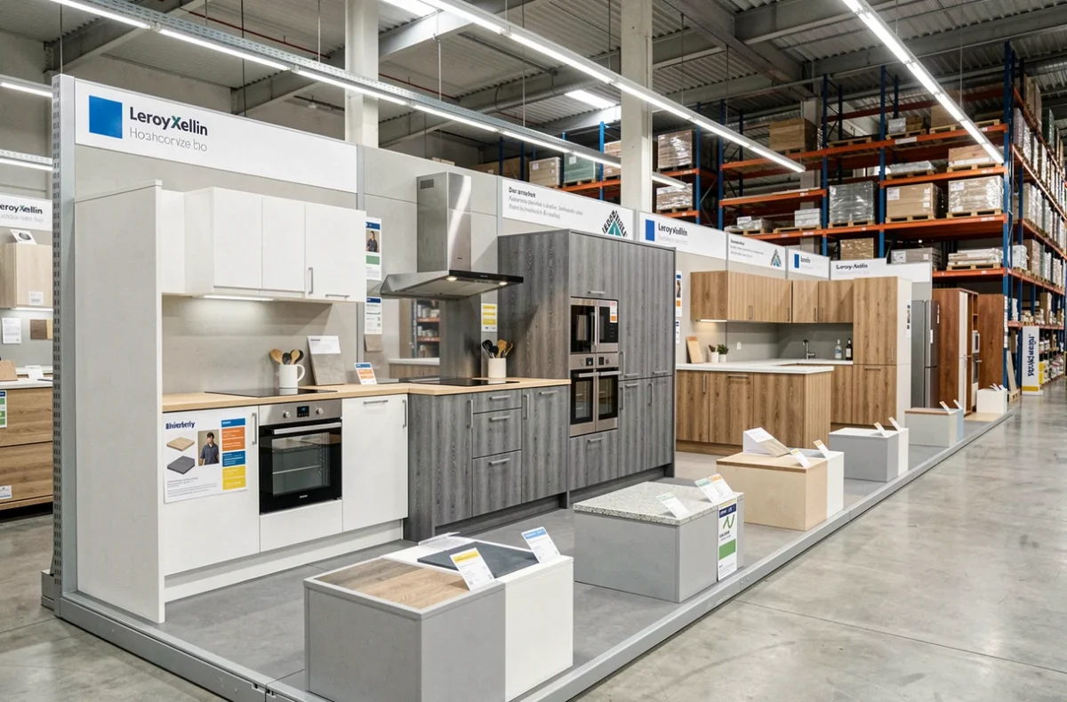 Allée de cuisines exposées chez Leroy Merlin Poitiers avec différentes gammes de modèles prêts à poser et échantillons de plans de travail