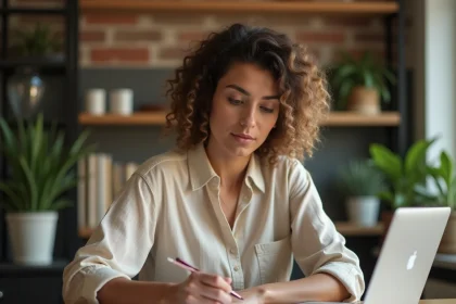 Locataire femme consultant son contrat d'assurance habitation à la table de sa cuisine