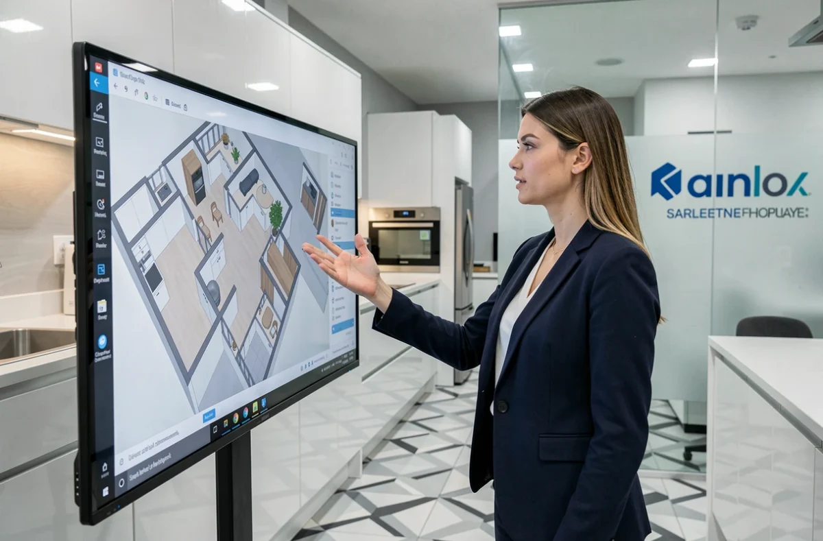 Conceptrice de cuisines de M CIA présentant un plan de rénovation sur écran numérique dans un showroom contemporain à Poitiers