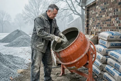 Maçon professionnel mélangeant du béton dosé pour une allée extérieure résistant au gel en automne