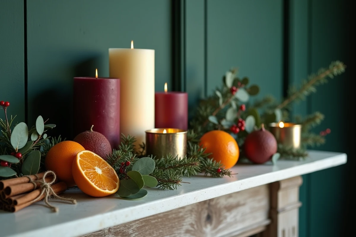 Détail de mantelpiece décorée pour Noël avec bougies, épices, verre mercurisé et branches de houx