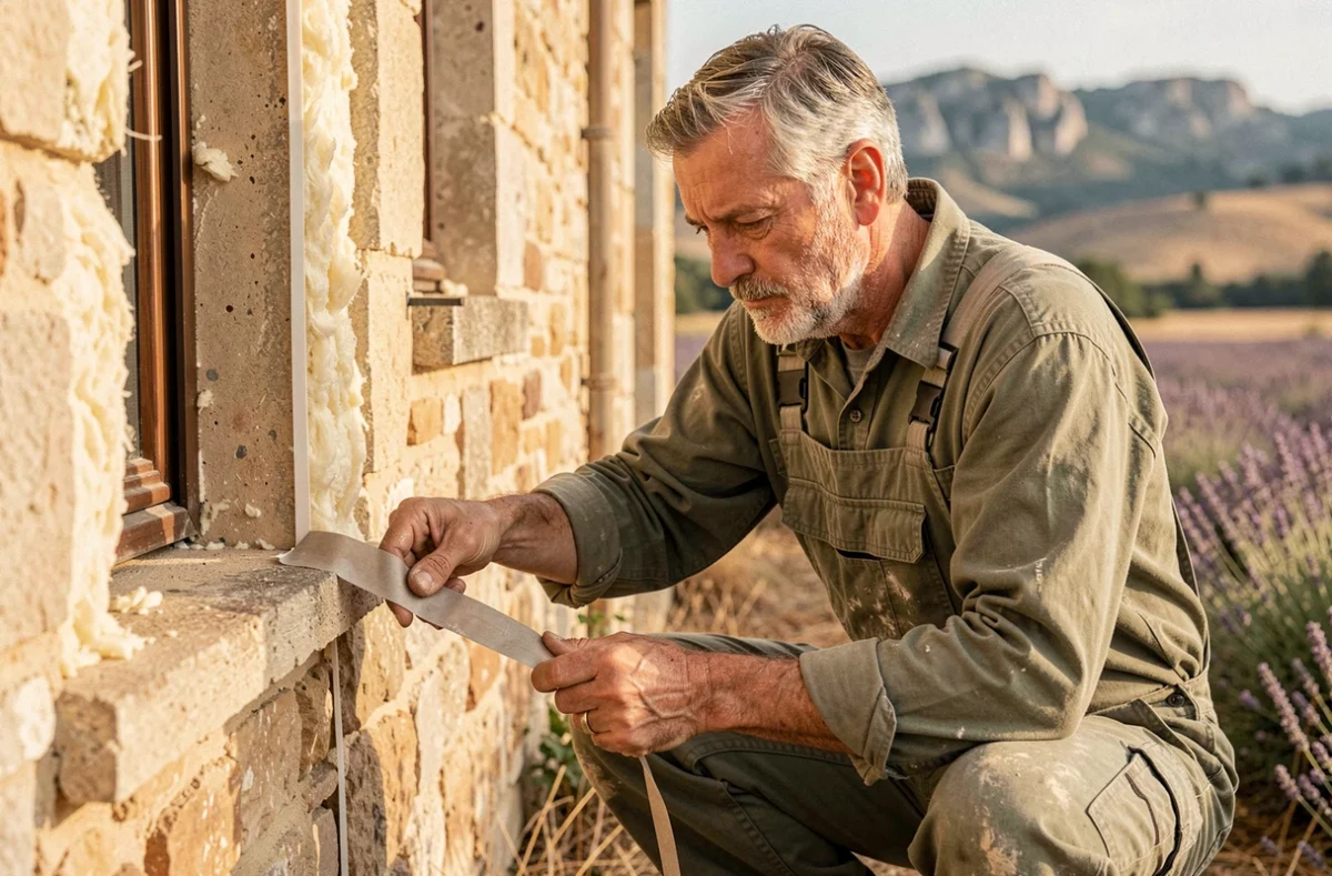 Artisan de l'entreprise Martin inspectant et scellant l'isolation autour d'un cadre de fenêtre sur une ferme en pierre dans la campagne provençale