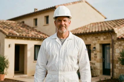 Technicien spécialisé en isolation thermique devant un bâtiment résidentiel typique des Bouches-du-Rhône, représentant les meilleures entreprises d'isolation de la région