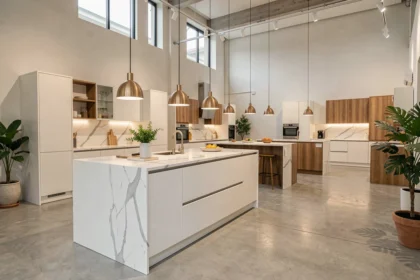 Showroom de cuisines modernes avec plusieurs compositions exposées, plans de travail en marbre et façades en bois clair dans la Vienne