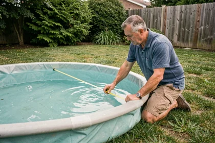 Homme mesurant le diamètre d'une piscine ronde avec un mètre ruban pour calculer les m² avant pose d'un liner