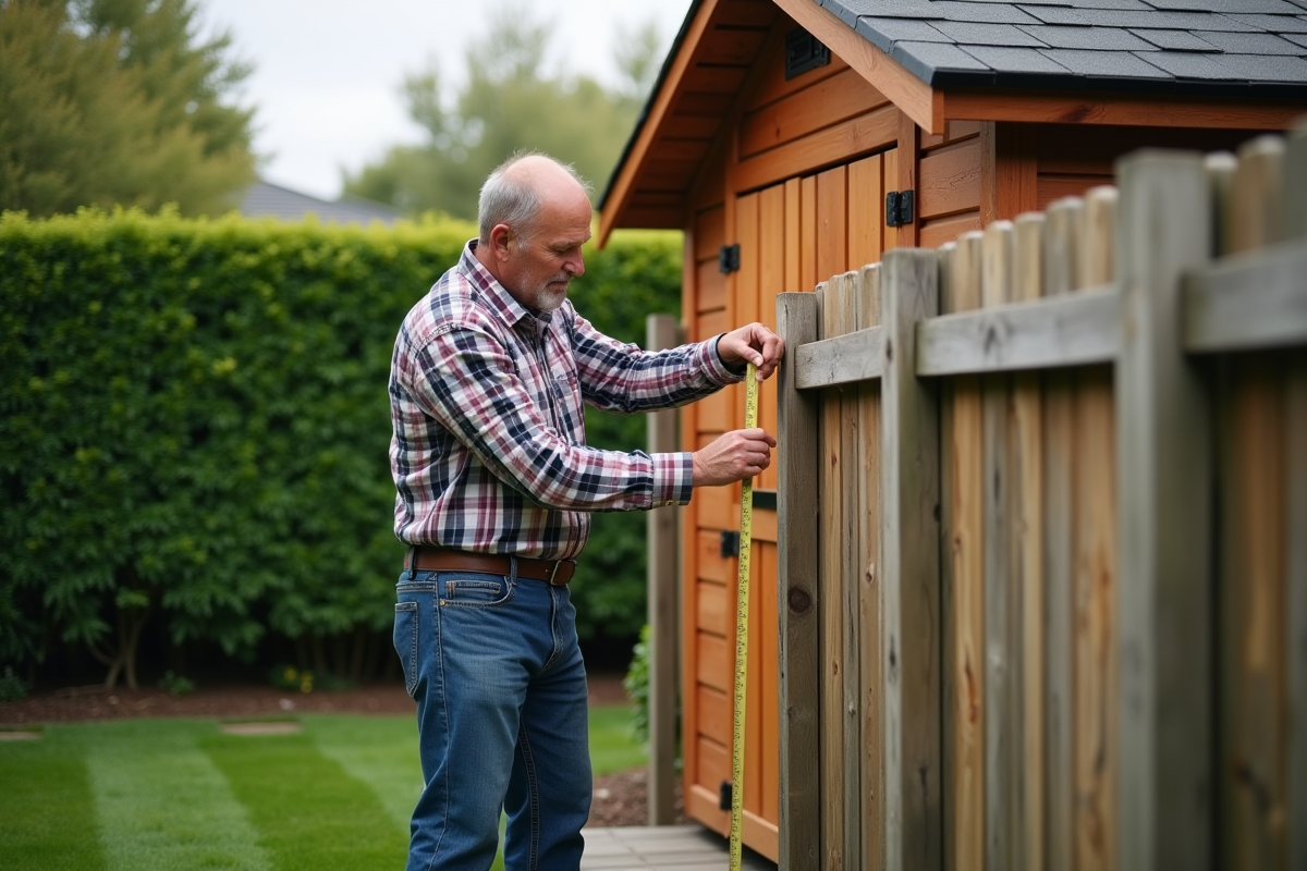 Homme mesurant un abri de jardin en bois dans un jardin