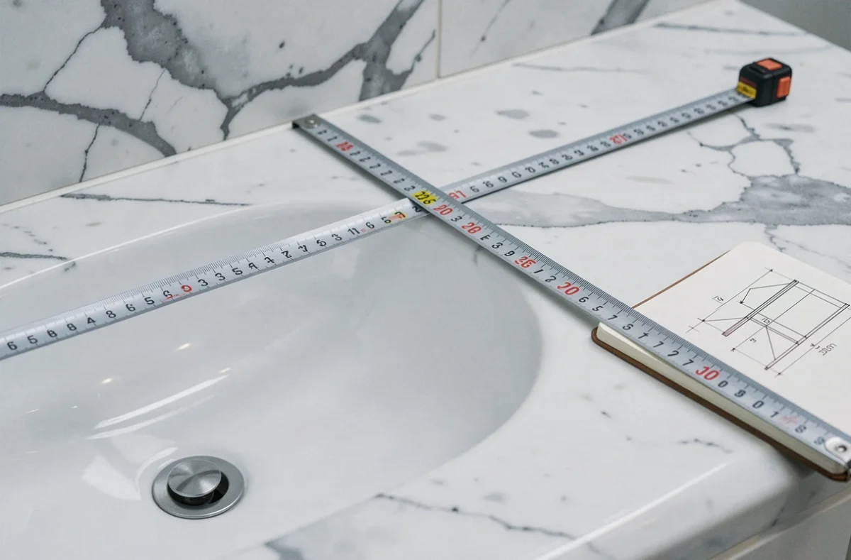 Gros plan sur une vasque en porcelaine blanche avec un mètre ruban posé sur le bord, illustrant la mesure de la profondeur et de la largeur d'une vasque