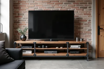 Meuble TV d'angle style industriel en métal noir et bois recyclé dans un salon avec mur en briques apparentes