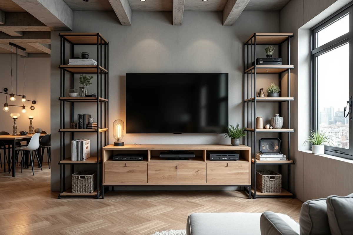 Meuble TV d'angle industriel en acier et bois clair dans un appartement loft avec parquet en chevrons et plafond béton