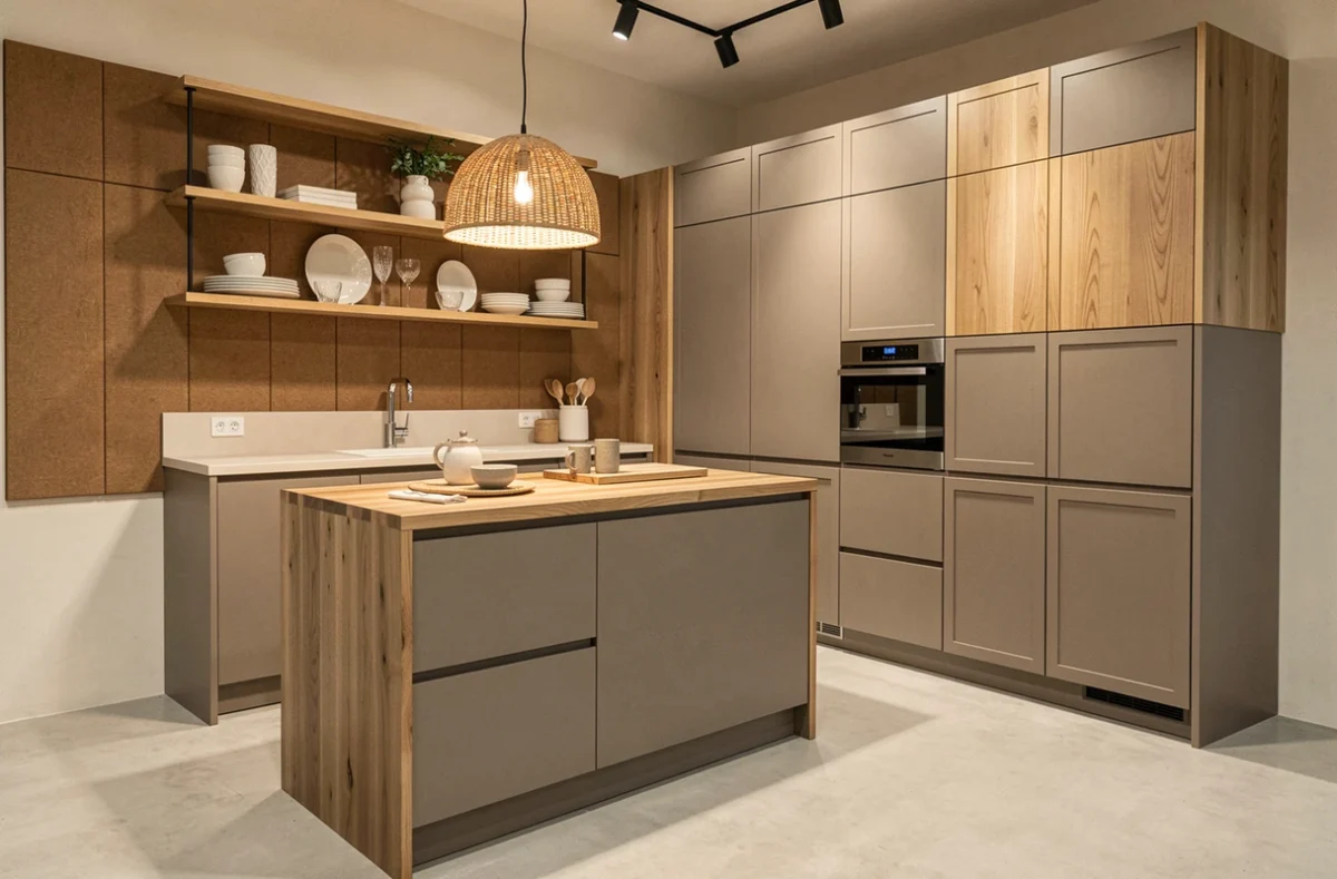 Cuisine Mobalpa bicolore taupe et chêne naturel avec ilot central et électroménager intégré dans un showroom de la Vienne
