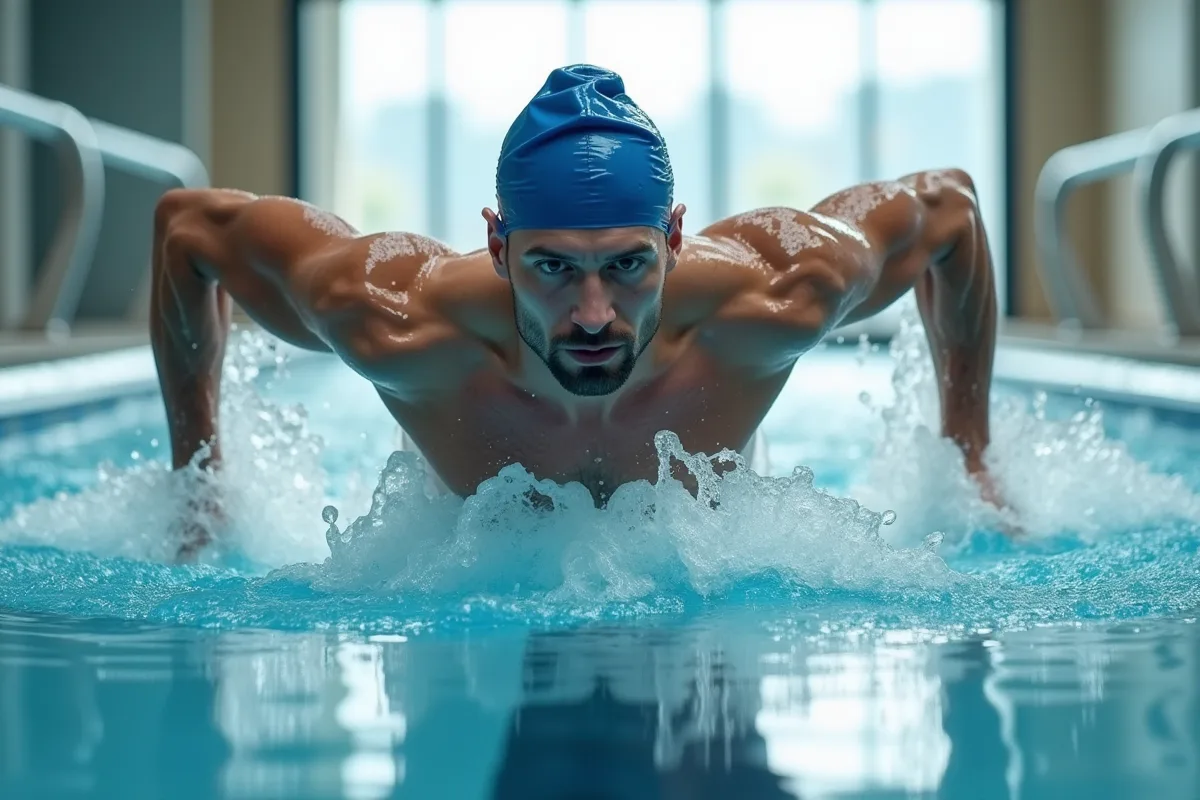 Homme d'âge moyen nageant contre un courant en piscine moderne