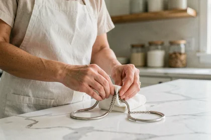 Femme nettoyant un collier en argent noirci avec un chiffon doux sur un plan de travail en marbre blanc