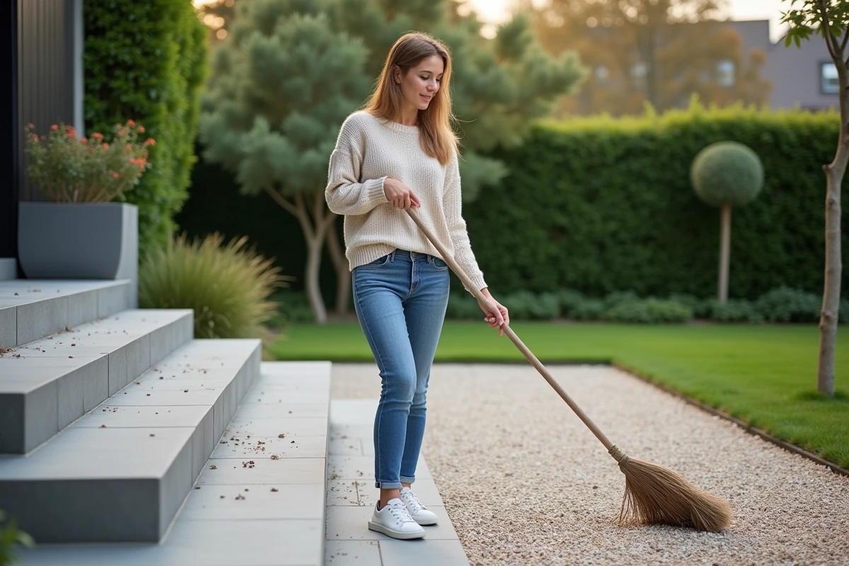Jeune femme nettoyant un escalier de jardin