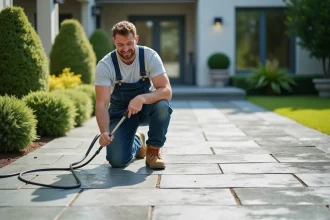 Homme en overalls nettoyant une terrasse en pierre